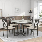Set Tavolo da Pranzo Rotondo Grigio/Bianco, Piano Effetto Marmo, 4 Posti, 5 Pezzi