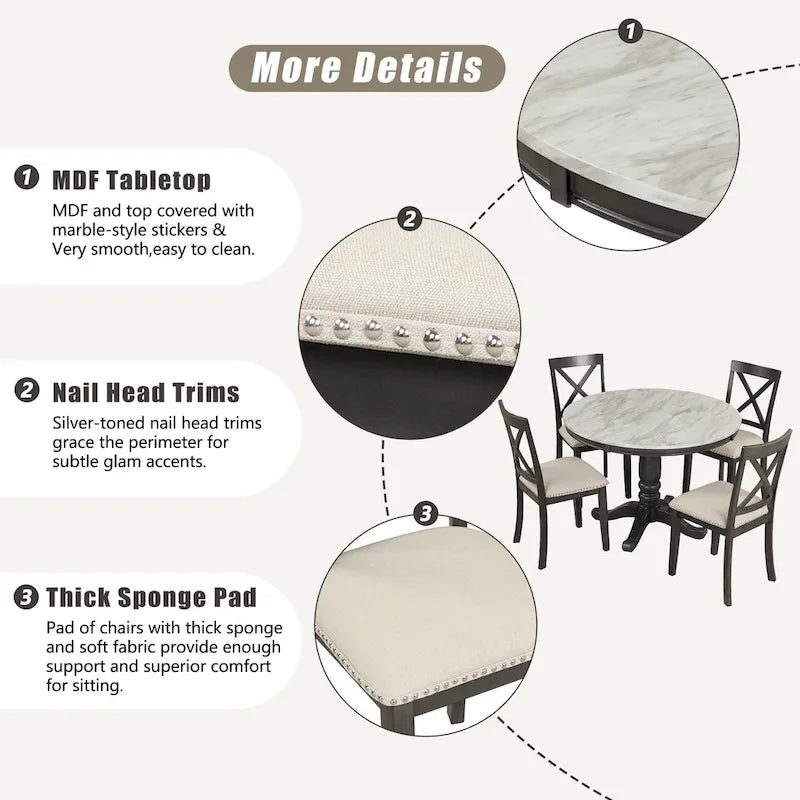 Set Tavolo da Pranzo Rotondo Grigio/Bianco, Piano Effetto Marmo, 4 Posti, 5 Pezzi