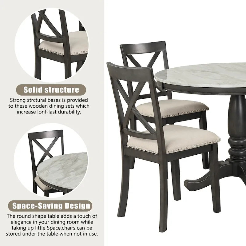Set Tavolo da Pranzo Rotondo Grigio/Bianco, Piano Effetto Marmo, 4 Posti, 5 Pezzi