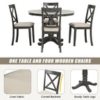 Set Tavolo da Pranzo Rotondo Grigio/Bianco, Piano Effetto Marmo, 4 Posti, 5 Pezzi