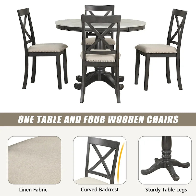 Set Tavolo da Pranzo Rotondo Grigio/Bianco, Piano Effetto Marmo, 4 Posti, 5 Pezzi