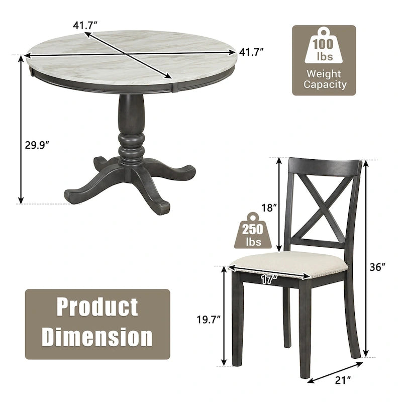 Set Tavolo da Pranzo Rotondo Grigio/Bianco, Piano Effetto Marmo, 4 Posti, 5 Pezzi