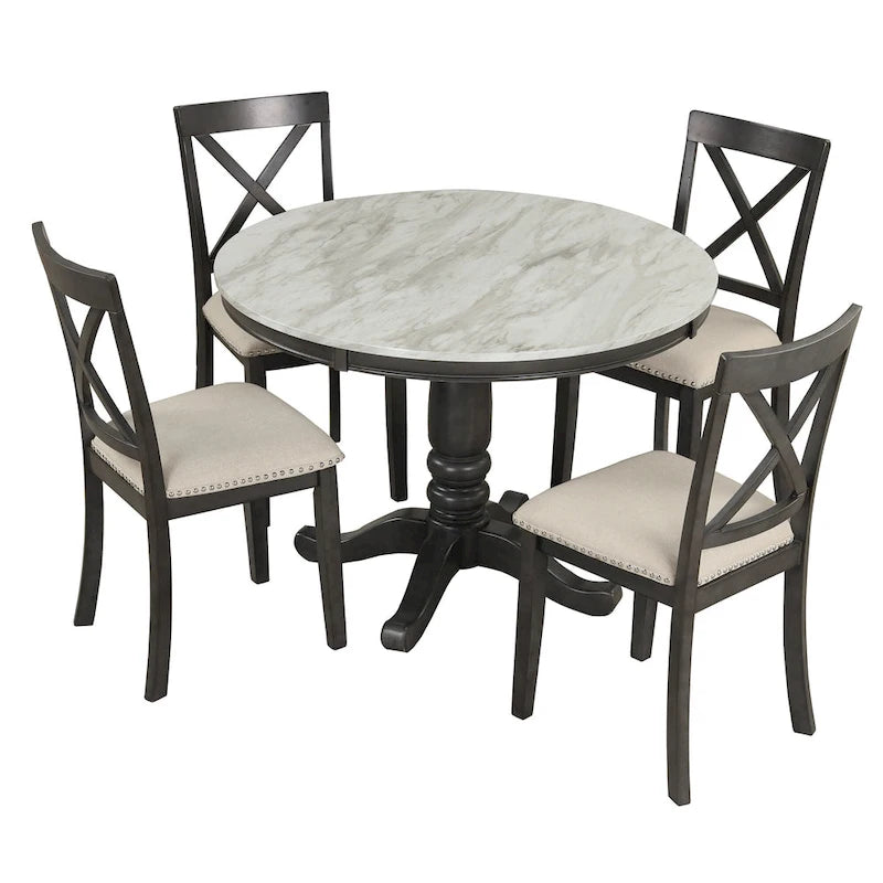Set Tavolo da Pranzo Rotondo Grigio/Bianco, Piano Effetto Marmo, 4 Posti, 5 Pezzi