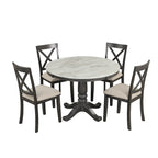 Set Tavolo da Pranzo Rotondo Grigio/Bianco, Piano Effetto Marmo, 4 Posti, 5 Pezzi