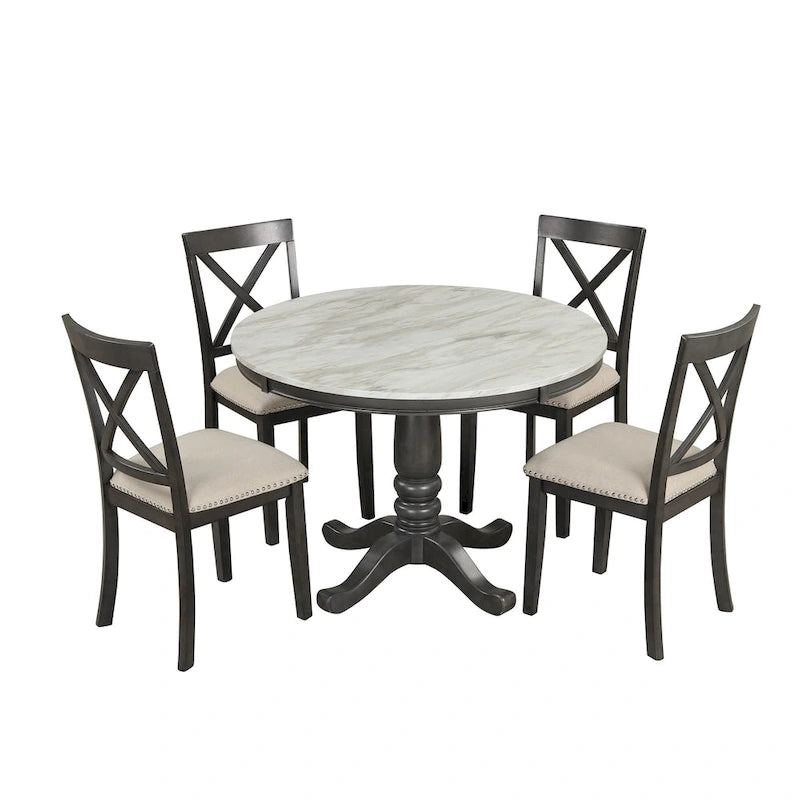 Set Tavolo da Pranzo Rotondo Grigio/Bianco, Piano Effetto Marmo, 4 Posti, 5 Pezzi
