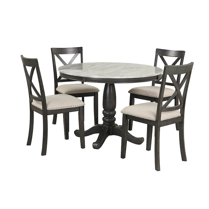 Set Tavolo da Pranzo Rotondo Grigio/Bianco, Piano Effetto Marmo, 4 Posti, 5 Pezzi