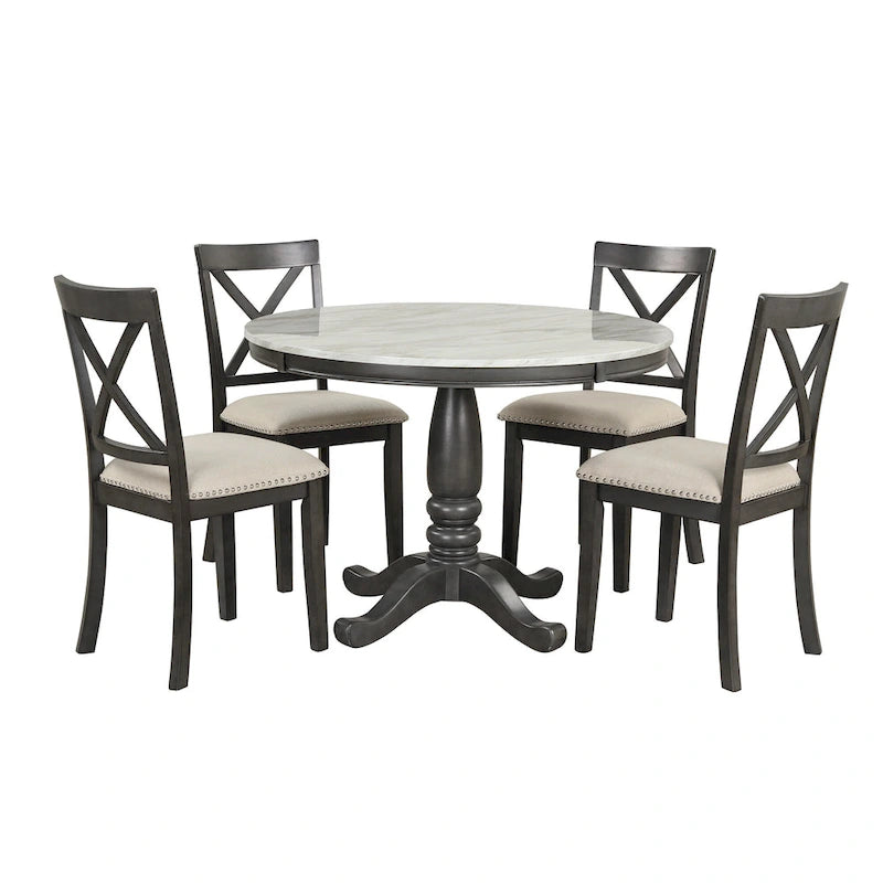 Set Tavolo da Pranzo Rotondo Grigio/Bianco, Piano Effetto Marmo, 4 Posti, 5 Pezzi