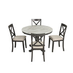 Set Tavolo da Pranzo Rotondo Grigio/Bianco, Piano Effetto Marmo, 4 Posti, 5 Pezzi