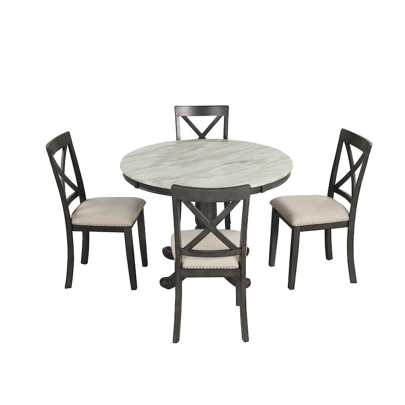 Set Tavolo da Pranzo Rotondo Grigio/Bianco, Piano Effetto Marmo, 4 Posti, 5 Pezzi