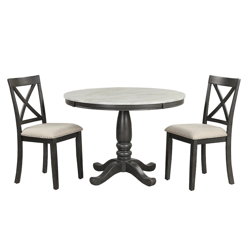 Set Tavolo da Pranzo Rotondo Grigio/Bianco, Piano Effetto Marmo, 4 Posti, 5 Pezzi