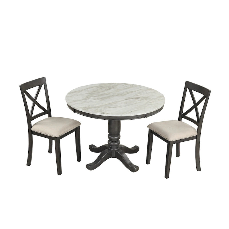 Set Tavolo da Pranzo Rotondo Grigio/Bianco, Piano Effetto Marmo, 4 Posti, 5 Pezzi