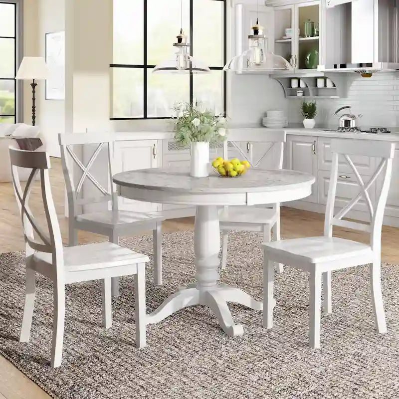 Set Tavolo da Pranzo Rotondo Grigio/Bianco, Piano Effetto Marmo, 4 Posti, 5 Pezzi