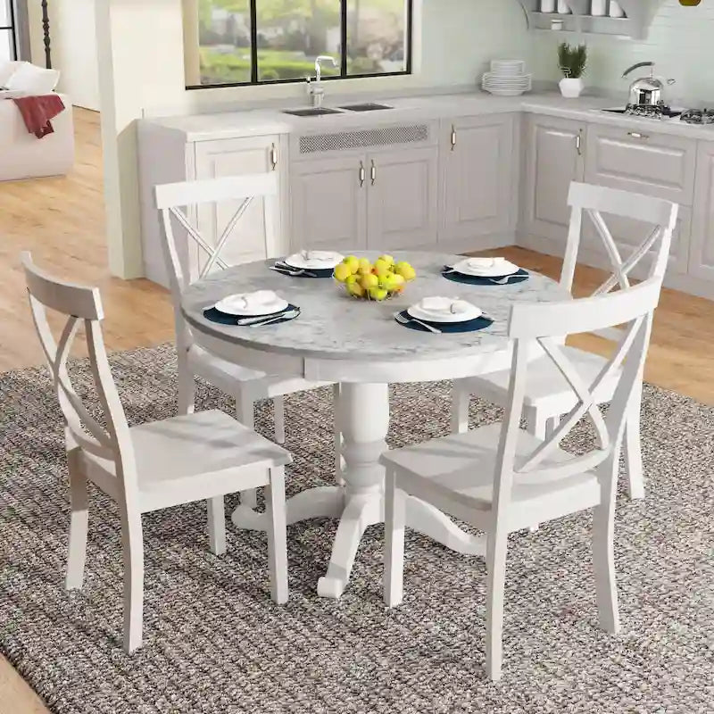 Set Tavolo da Pranzo Rotondo Grigio/Bianco, Piano Effetto Marmo, 4 Posti, 5 Pezzi