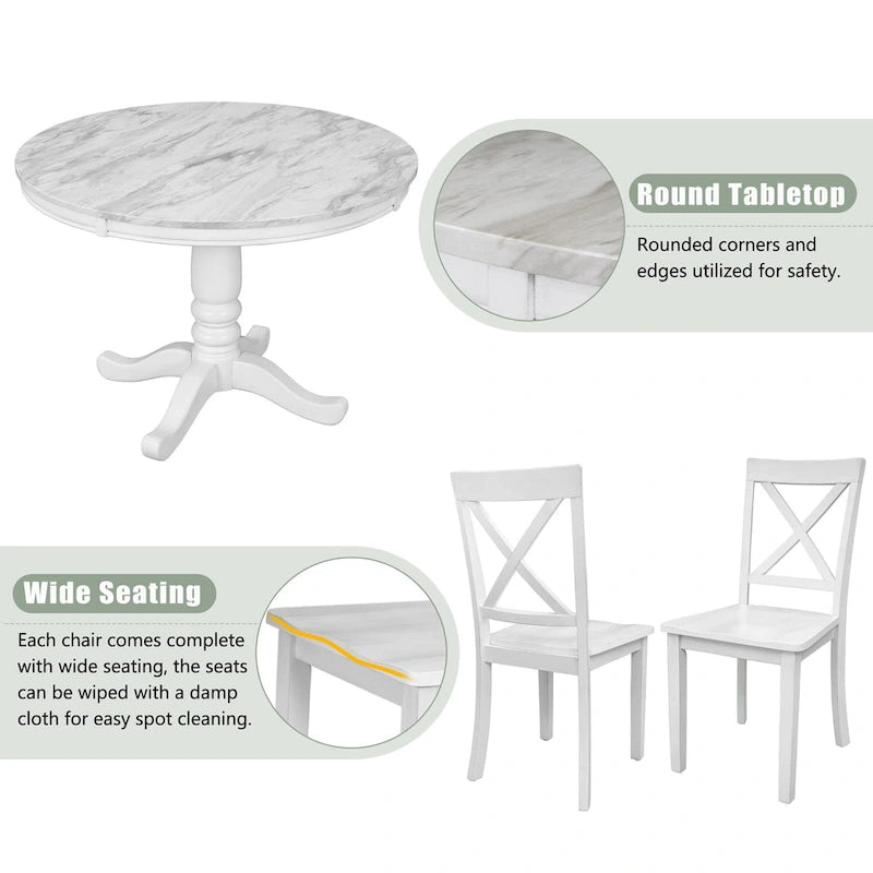 Set Tavolo da Pranzo Rotondo Grigio/Bianco, Piano Effetto Marmo, 4 Posti, 5 Pezzi