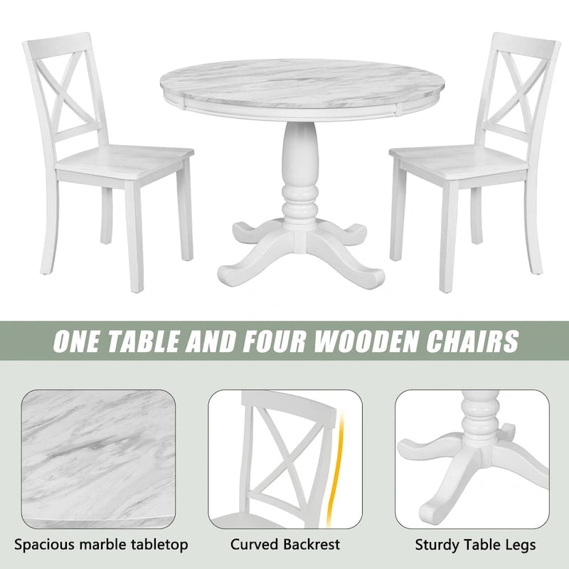 Set Tavolo da Pranzo Rotondo Grigio/Bianco, Piano Effetto Marmo, 4 Posti, 5 Pezzi