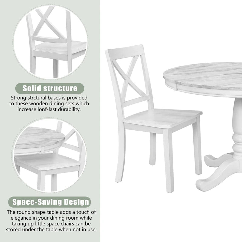 Set Tavolo da Pranzo Rotondo Grigio/Bianco, Piano Effetto Marmo, 4 Posti, 5 Pezzi