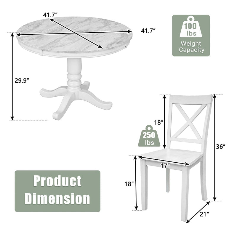 Set Tavolo da Pranzo Rotondo Grigio/Bianco, Piano Effetto Marmo, 4 Posti, 5 Pezzi