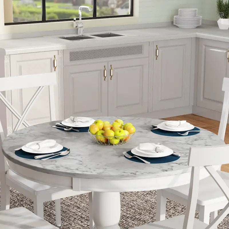 Set Tavolo da Pranzo Rotondo Grigio/Bianco, Piano Effetto Marmo, 4 Posti, 5 Pezzi