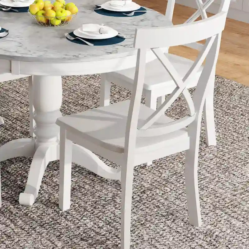 Set Tavolo da Pranzo Rotondo Grigio/Bianco, Piano Effetto Marmo, 4 Posti, 5 Pezzi