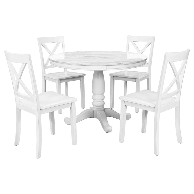 Set Tavolo da Pranzo Rotondo Grigio/Bianco, Piano Effetto Marmo, 4 Posti, 5 Pezzi