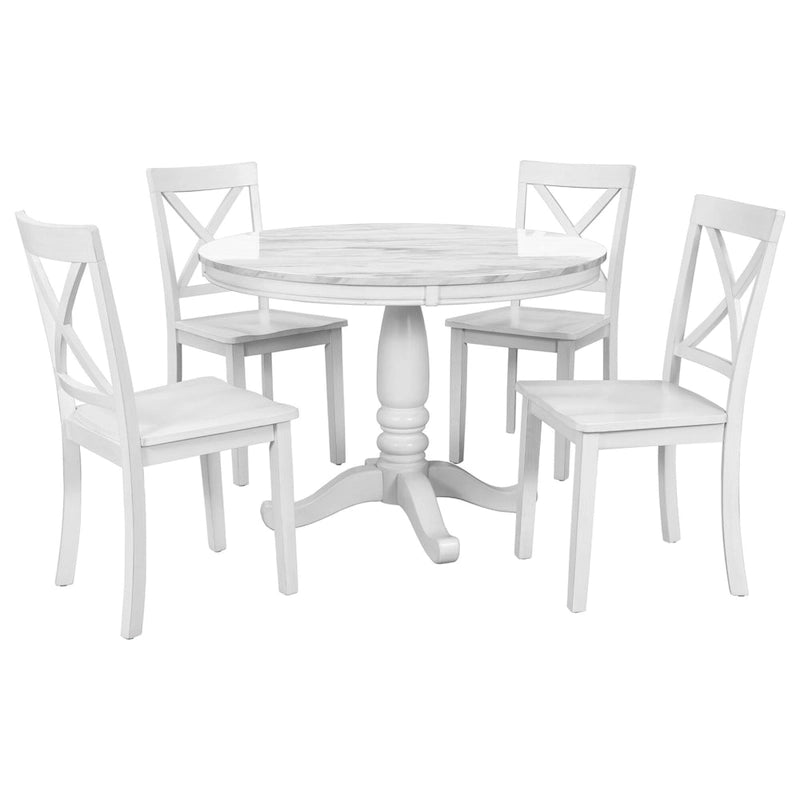 Set Tavolo da Pranzo Rotondo Grigio/Bianco, Piano Effetto Marmo, 4 Posti, 5 Pezzi