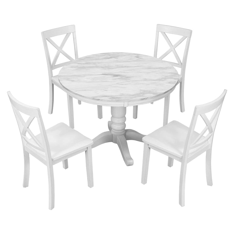 Set Tavolo da Pranzo Rotondo Grigio/Bianco, Piano Effetto Marmo, 4 Posti, 5 Pezzi