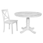 Set Tavolo da Pranzo Rotondo Grigio/Bianco, Piano Effetto Marmo, 4 Posti, 5 Pezzi