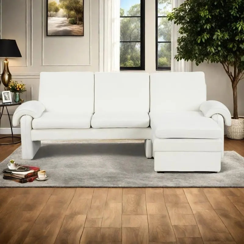 Divano sezionale a L in ciniglia beige/grigio, schienale regolabile, chaise longue reversibile, 2 posti