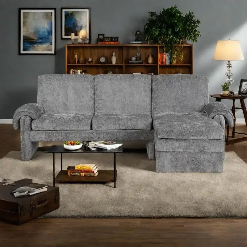 Divano sezionale a L in ciniglia beige/grigio, schienale regolabile, chaise longue reversibile, 2 posti