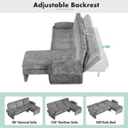 Divano sezionale a L in ciniglia beige/grigio, schienale regolabile, chaise longue reversibile, 2 posti