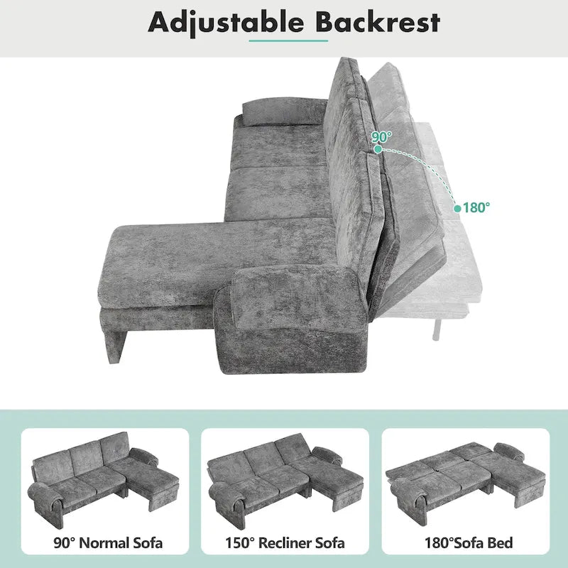 Divano sezionale a L in ciniglia beige/grigio, schienale regolabile, chaise longue reversibile, 2 posti