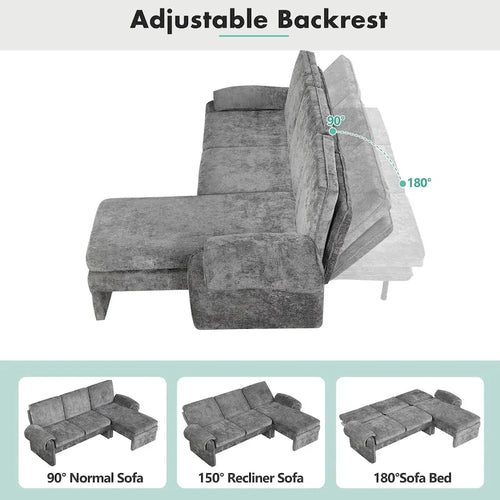 Divano sezionale a L in ciniglia beige/grigio, schienale regolabile, chaise longue reversibile, 2 posti