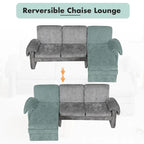 Divano sezionale a L in ciniglia beige/grigio, schienale regolabile, chaise longue reversibile, 2 posti