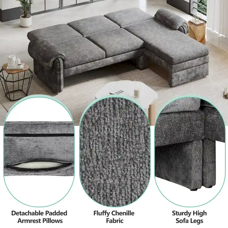 Divano sezionale a L in ciniglia beige/grigio, schienale regolabile, chaise longue reversibile, 2 posti