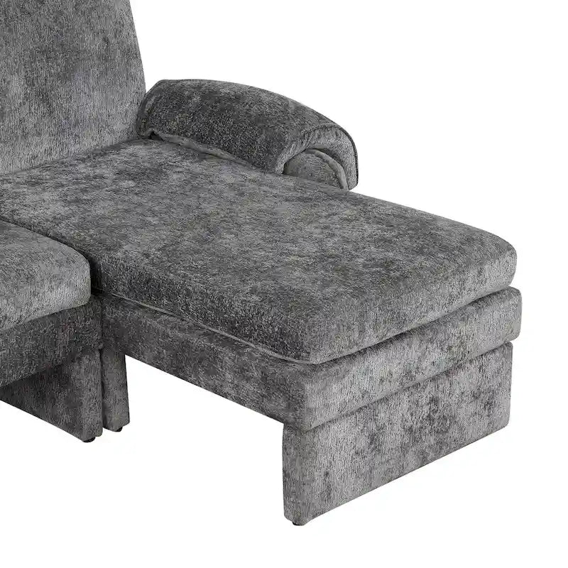 Divano sezionale a L in ciniglia beige/grigio, schienale regolabile, chaise longue reversibile, 2 posti