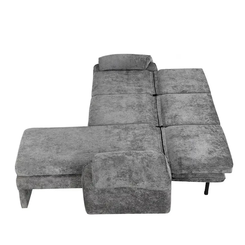 Divano sezionale a L in ciniglia beige/grigio, schienale regolabile, chaise longue reversibile, 2 posti