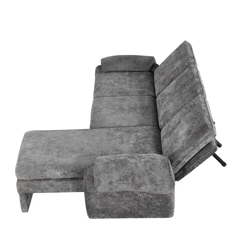 Divano sezionale a L in ciniglia beige/grigio, schienale regolabile, chaise longue reversibile, 2 posti