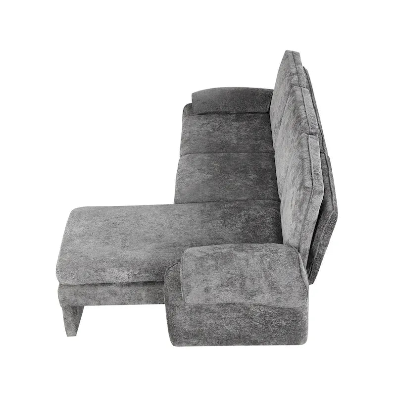 Divano sezionale a L in ciniglia beige/grigio, schienale regolabile, chaise longue reversibile, 2 posti