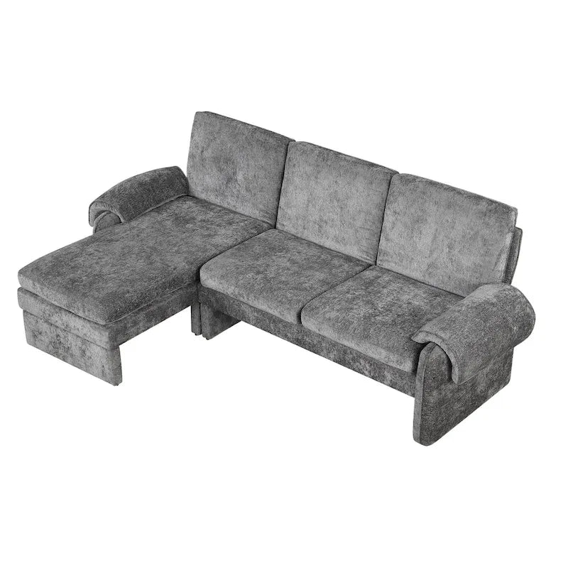 Divano sezionale a L in ciniglia beige/grigio, schienale regolabile, chaise longue reversibile, 2 posti