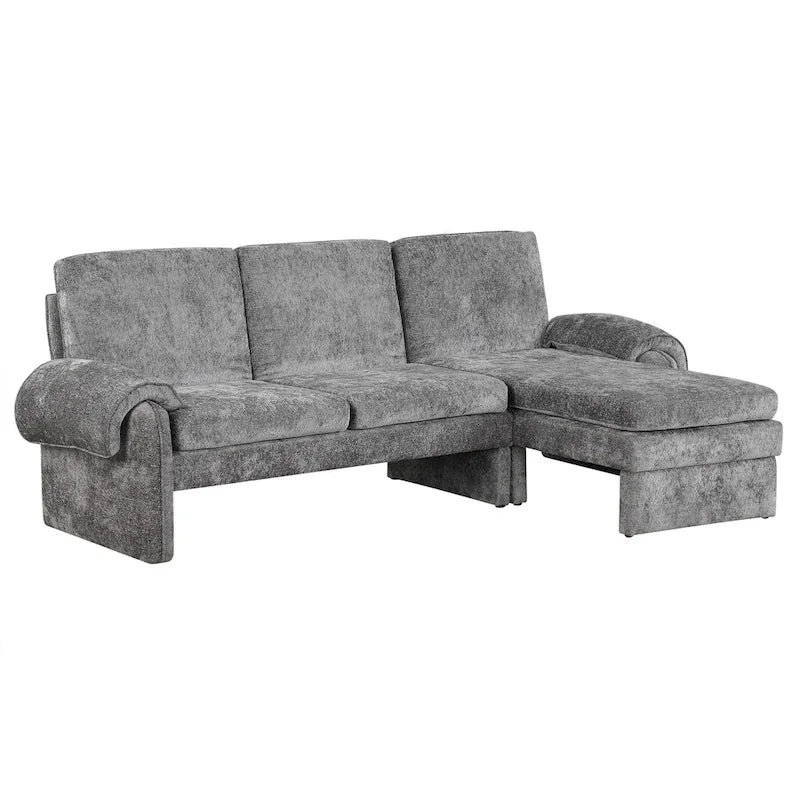 Divano sezionale a L in ciniglia beige/grigio, schienale regolabile, chaise longue reversibile, 2 posti