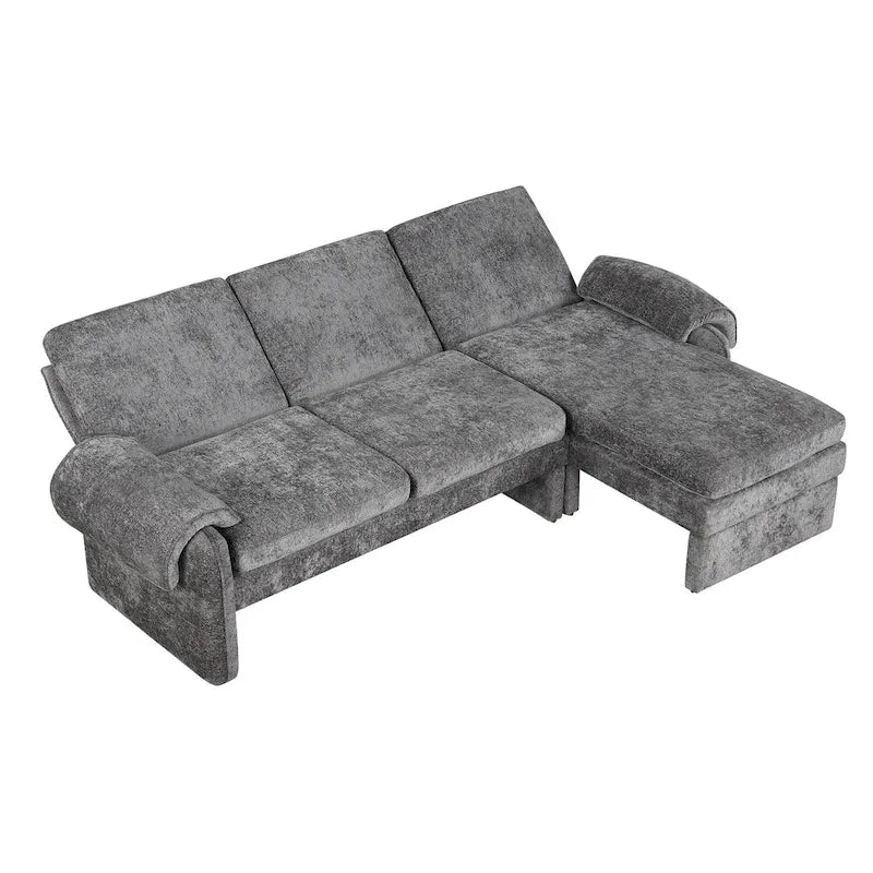 Divano sezionale a L in ciniglia beige/grigio, schienale regolabile, chaise longue reversibile, 2 posti