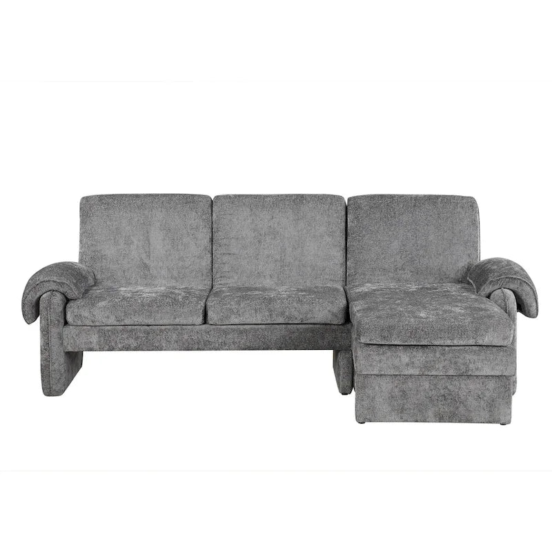 Divano sezionale a L in ciniglia beige/grigio, schienale regolabile, chaise longue reversibile, 2 posti
