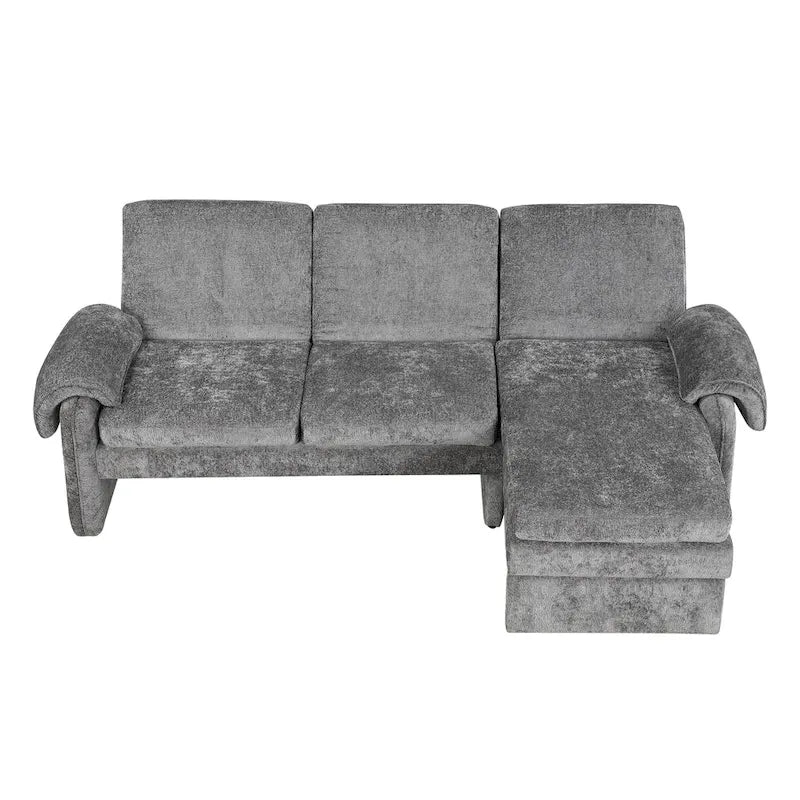 Divano sezionale a L in ciniglia beige/grigio, schienale regolabile, chaise longue reversibile, 2 posti