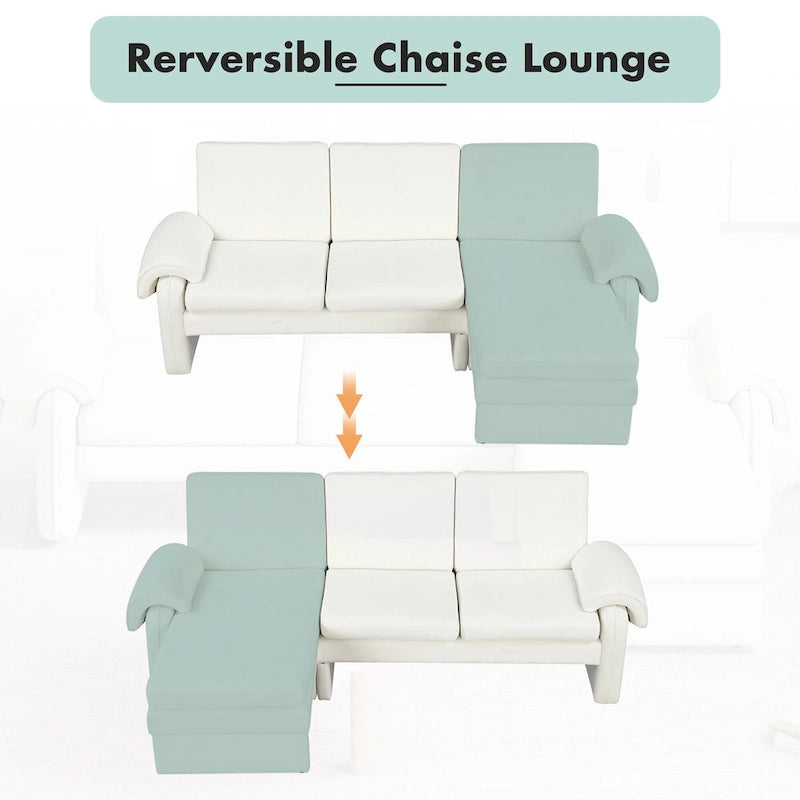 Divano sezionale a L in ciniglia beige/grigio, schienale regolabile, chaise longue reversibile, 2 posti
