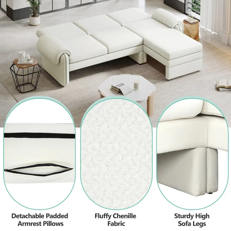 Divano sezionale a L in ciniglia beige/grigio, schienale regolabile, chaise longue reversibile, 2 posti