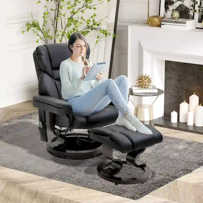 Set poltrona reclinabile manuale girevole a 360° in similpelle nera con pouf, 10 punti di massaggio a vibrazione, tasca laterale