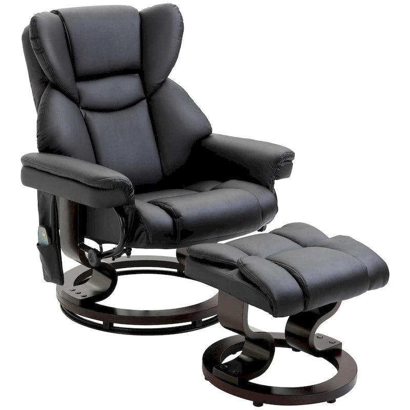 Set poltrona reclinabile manuale girevole a 360° in similpelle nera con pouf, 10 punti di massaggio a vibrazione, tasca laterale