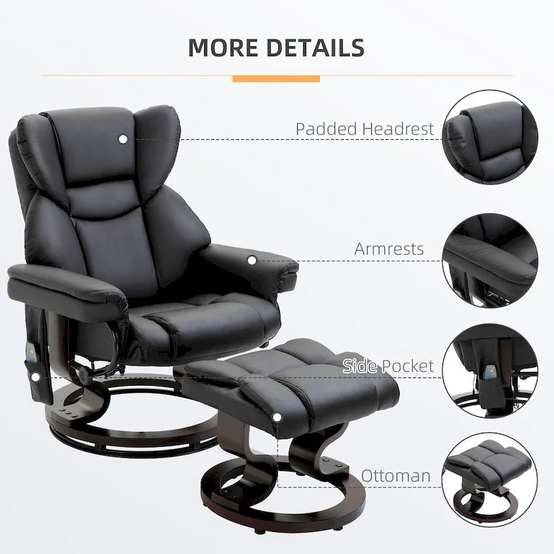 Set poltrona reclinabile manuale girevole a 360° in similpelle nera con pouf, 10 punti di massaggio a vibrazione, tasca laterale