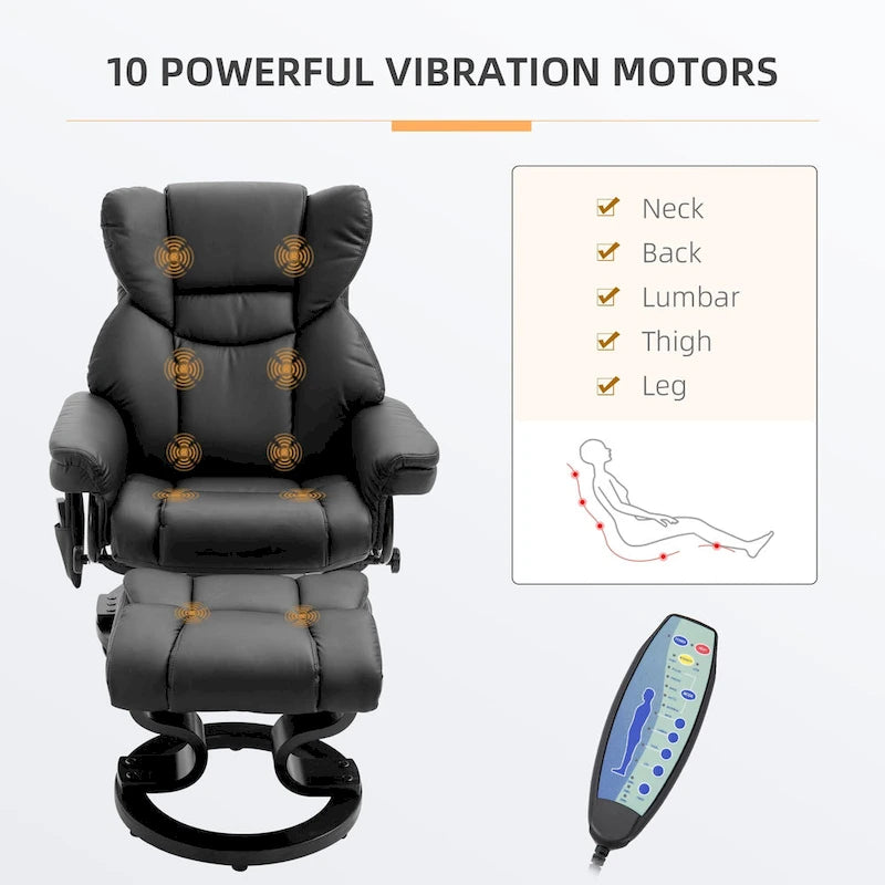 Set poltrona reclinabile manuale girevole a 360° in similpelle nera con pouf, 10 punti di massaggio a vibrazione, tasca laterale
