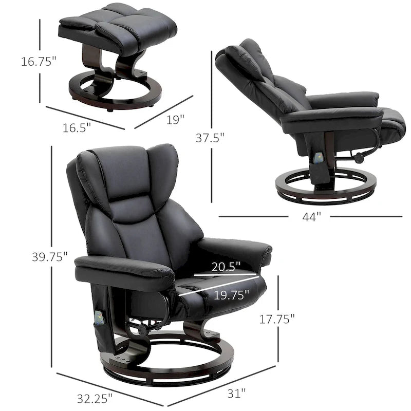 Set poltrona reclinabile manuale girevole a 360° in similpelle nera con pouf, 10 punti di massaggio a vibrazione, tasca laterale